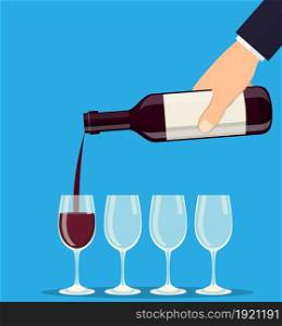 Pouring out red wine from a bottle in wineglasses. Vector illustration in flat style. Pouring out red wine from a bottle in wineglasses