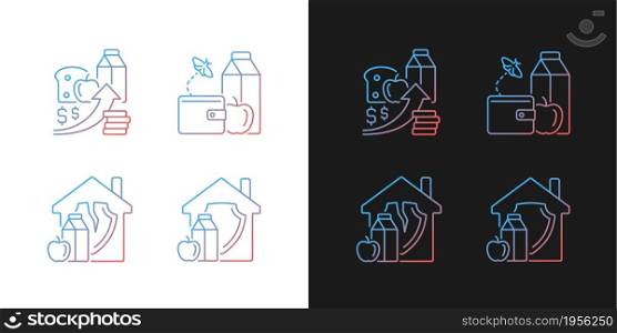Poverty and hunger gradient icons set for dark and light mode. No money for products. Thin line contour symbols bundle. Isolated vector outline illustrations collection on black and white. Poverty and hunger gradient icons set for dark and light mode