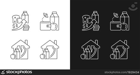 Poverty and hunger linear icons set for dark and light mode. No money for products. Increased prices. Customizable thin line symbols. Isolated vector outline illustrations. Editable stroke. Poverty and hunger linear icons set for dark and light mode
