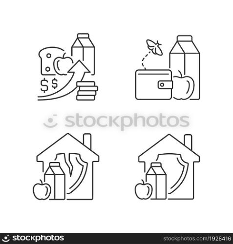 Poverty and hunger linear icons set. Increased prices. Food insecurity. Household nutrition security. Customizable thin line contour symbols. Isolated vector outline illustrations. Editable stroke. Poverty and hunger linear icons set