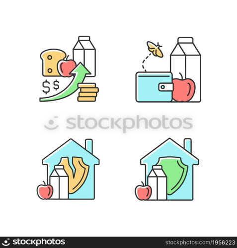Poverty and hunger RGB color icons set. No money for products. Increased prices. Food insecurity. Household nutrition security. Isolated vector illustrations. Simple filled line drawings collection. Poverty and hunger RGB color icons set