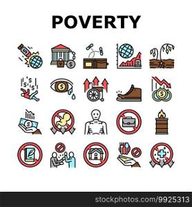 Poverty Destitution Collection Icons Set Vector. Lost Job And House, Miscarriage And Illness, Hunger And Drought Poverty Problem Concept Linear Pictograms. Contour Color Illustrations. Poverty Destitution Collection Icons Set Vector
