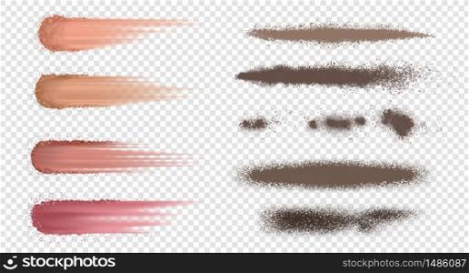 Powder brush. Realistic ash or flour splash, dust and dirt explosion, dark blusher and dry spray. Vector set isolated crumbly spray on transparent background. Powder brush. Realistic ash or flour splash, dust and dirt explosion, dark blusher and dry spray. Vector set isolated on transparent background
