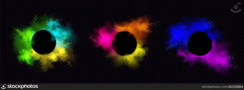 Powder Holi paints round frames colorful clouds or explosions, ink splashes, decorative vibrant dye borders isolated on black background, traditional indian holiday. Realistic 3d vector illustration. Powder Holi paints round frames colorful clouds