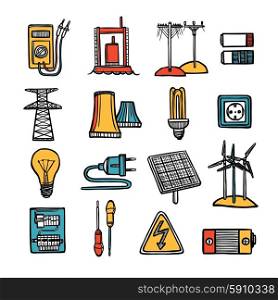 Power And Energy Icon Set . Power energy and electricity devices tools and symbol flat color doodle icon set isolated vector illustration