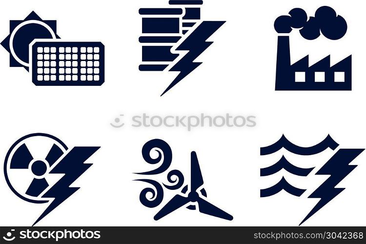 Power and Energy Icons. An icon set with six icons representing power and energy generation types. Solar, fossil fuel, nuclear, wind, hydro or water plus oil. Power and Energy Icons