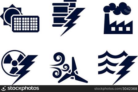 Power and Energy Icons. An icon set with six icons representing power and energy generation types. Solar, fossil fuel, nuclear, wind, hydro or water plus oil. Power and Energy Icons