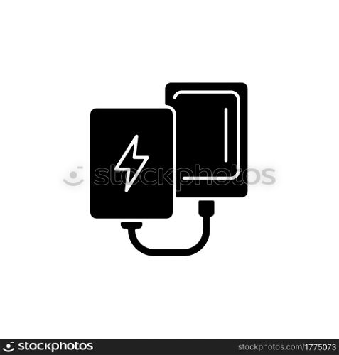 Power bank black glyph icon. Compact charger for mobile phone. Portable amenities. Essential things for tourist. Travel size objects. Silhouette symbol on white space. Vector isolated illustration. Power bank black glyph icon