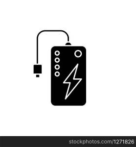 Power bank black glyph icon. Powerbank. Portable battery. Energy source. Pocket charging gadget. Handheld USB charger. Mobile device. Silhouette symbol on white space. Vector isolated illustration