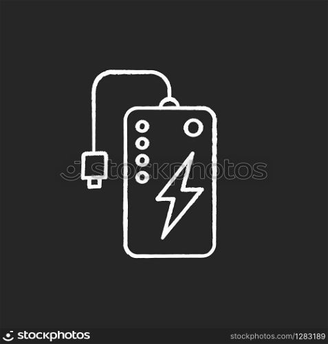 Power bank chalk white icon on black background. Powerbank. Portable battery. Energy source. Pocket charging gadget. Handheld USB charger. Mobile device. Isolated vector chalkboard illustration