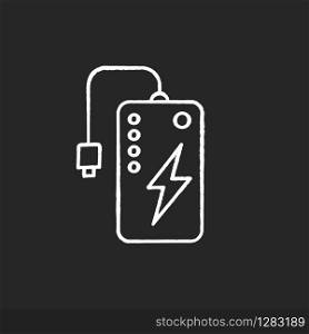 Power bank chalk white icon on black background. Powerbank. Portable battery. Energy source. Pocket charging gadget. Handheld USB charger. Mobile device. Isolated vector chalkboard illustration