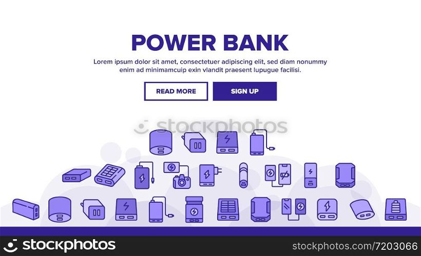 Power Bank Device Landing Web Page Header Banner Template Vector. Power Bank Electronic Equipment For Charging Smartphone And Photo Camera, Portable Charger Illustrations. Power Bank Device Landing Header Vector