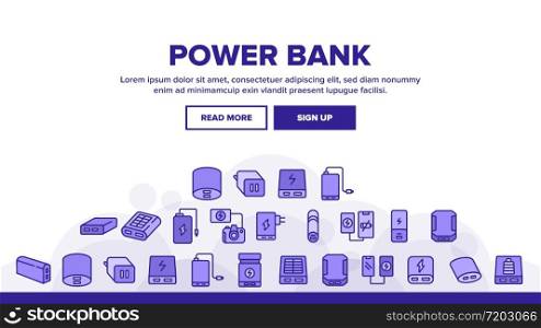 Power Bank Device Landing Web Page Header Banner Template Vector. Power Bank Electronic Equipment For Charging Smartphone And Photo Camera, Portable Charger Illustrations. Power Bank Device Landing Header Vector