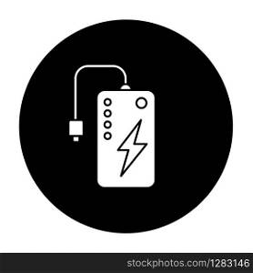 Power bank glyph icon. Powerbank. Portable battery. Energy source. Pocket charging gadget. Handheld USB charger. Technology. Mobile device. Vector white silhouette illustration in black circle