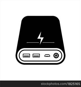 Power Bank Icon, Portable Battery Bank To Charge Usb Device Like Cell, Tablet, Watch Vector Art Illustration