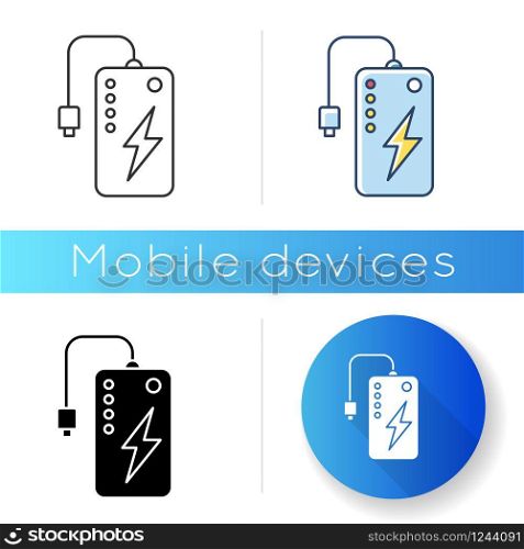 Power bank icon. Powerbank. Portable battery. Energy source. Pocket charging gadget. Handheld USB charger. Technology. Mobile device. Linear black and RGB color styles. Isolated vector illustrations