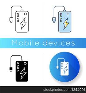 Power bank icon. Powerbank. Portable battery. Energy source. Pocket charging gadget. Handheld USB charger. Technology. Mobile device. Linear black and RGB color styles. Isolated vector illustrations