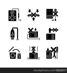Power bank instruction black glyph manual label icons set on white space. Avoid short-circuiting risk. E-waste. Silhouette symbols. Vector isolated illustration for product use instructions. Power bank instruction black glyph manual label icons set on white space