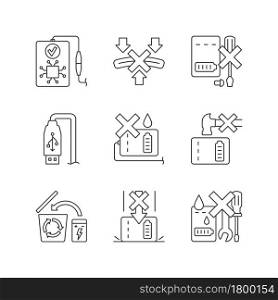 Power bank instruction linear manual label icons set. Short-circuiting risk. Customizable thin line contour symbols. Isolated vector outline illustrations for product use instructions. Editable stroke. Power bank instruction linear manual label icons set