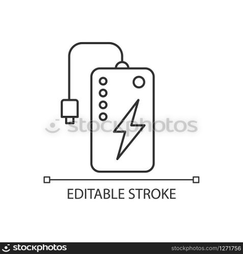 Power bank pixel perfect linear icon. Powerbank. Portable battery. Handheld USB charger. Thin line customizable illustration. Contour symbol. Vector isolated outline drawing. Editable stroke