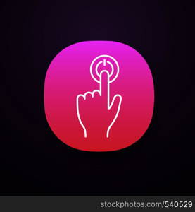 Power button click app icon. UI/UX user interface. Start. Turn on. Hand pressing button. Web or mobile applications. Vector isolated illustration. Power button click app icon