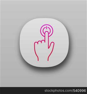 Power button click app icon. UI/UX user interface. Start. Turn on. Hand pressing button. Web or mobile application. Vector isolated illustration. Power button click app icon