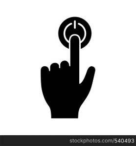 Power button click glyph icon. Silhouette symbol. Start. Turn on. Hand pressing button. Negative space. Vector isolated illustration. Power button click glyph icon