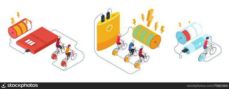 Power chargers set of isolated compositions with bicycle generator riders connected to power bank with batteries vector illustration