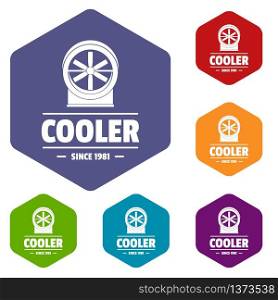 Power cooler icons vector colorful hexahedron set collection isolated on white . Power cooler icons vector hexahedron
