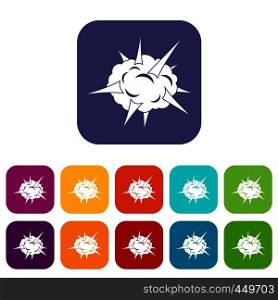 Power explosion icons set vector illustration in flat style In colors red, blue, green and other. Power explosion icons set flat