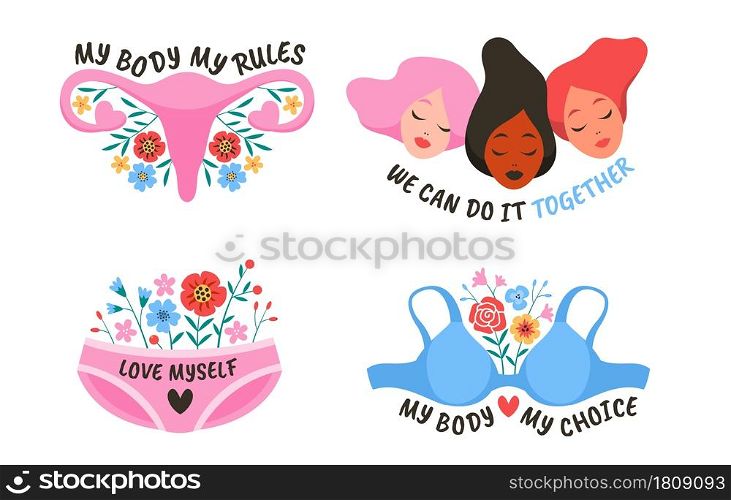 Power girl. Female movement feminist symbols. Hand drawn stickers, women society and solidarity, activist motivation slogan, bright inspiration card or poster collection. Vector cartoon isolated set. Power girl. Female movement feminist symbols. Hand drawn stickers, women society and solidarity, activist motivation slogan, bright inspiration card or poster vector cartoon isolated set