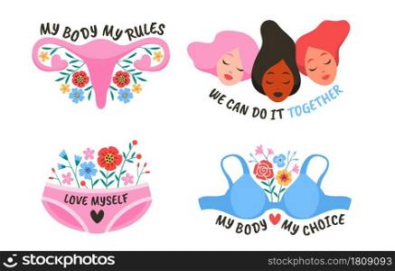 Power girl. Female movement feminist symbols. Hand drawn stickers, women society and solidarity, activist motivation slogan, bright inspiration card or poster collection. Vector cartoon isolated set. Power girl. Female movement feminist symbols. Hand drawn stickers, women society and solidarity, activist motivation slogan, bright inspiration card or poster vector cartoon isolated set