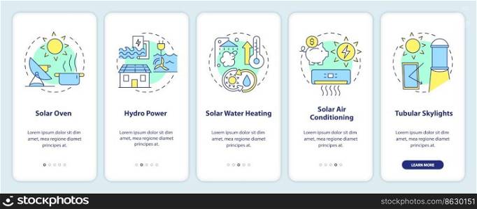 Power home with renewable energy ways onboarding mobile app screen. Walkthrough 5 steps editable graphic instructions with linear concepts. UI, UX, GUI template. Myriad Pro-Bold, Regular fonts used. Power home with renewable energy ways onboarding mobile app screen