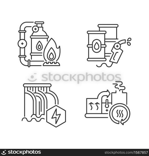 Power manufacturing linear icons set. Gas extraction, petroleum refinery, dam and heat recovery customizable thin line contour symbols. Isolated vector outline illustrations. Editable stroke. Power manufacturing linear icons set