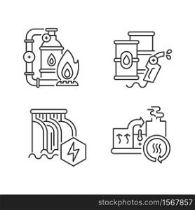 Power manufacturing linear icons set. Gas extraction, petroleum refinery, dam and heat recovery customizable thin line contour symbols. Isolated vector outline illustrations. Editable stroke. Power manufacturing linear icons set