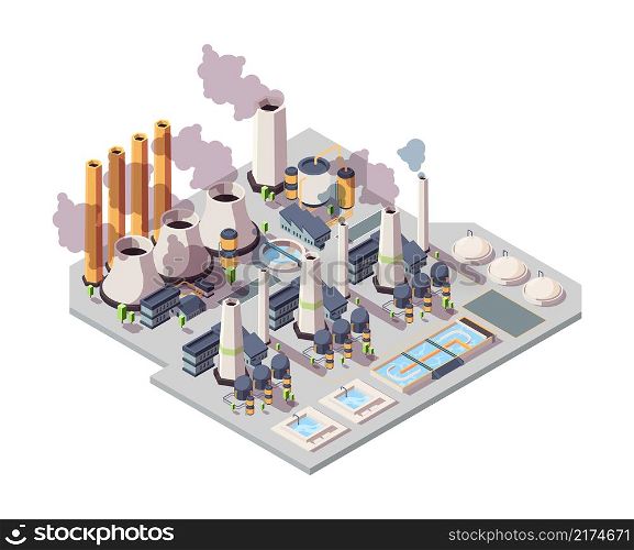 Power nuclear factory. Energy plant isometric environment 3d industrial buildings vector illustrations. Factory architecture electricity, facility nuclear. Power nuclear factory. Energy plant isometric environment 3d industrial buildings vector illustrations