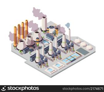 Power nuclear factory. Energy plant isometric environment 3d industrial buildings vector illustrations. Factory architecture electricity, facility nuclear. Power nuclear factory. Energy plant isometric environment 3d industrial buildings vector illustrations