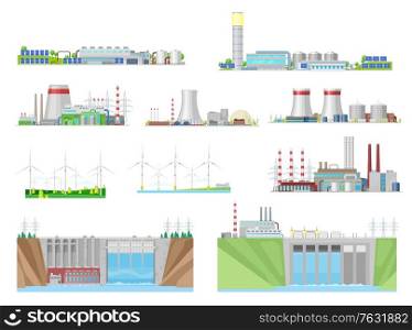 Power plant and energy station building vector icons of nuclear, coal, hydroelectric, wind and thermal energy, electric power industry. Eco wind turbines, water dams, nuclear and coal fired stations. Power plant and energy station building icons