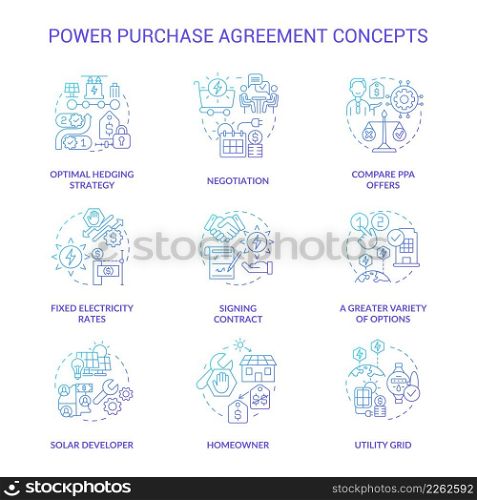 Power purchase agreement blue gradient concept icons set. Electricity selling. Business relationship idea thin line color illustrations. Isolated symbols. Roboto-Medium, Myriad Pro-Bold fonts used. Power purchase agreement blue gradient concept icons set