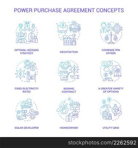 Power purchase agreement blue gradient concept icons set. Electricity selling. Business relationship idea thin line color illustrations. Isolated symbols. Roboto-Medium, Myriad Pro-Bold fonts used. Power purchase agreement blue gradient concept icons set
