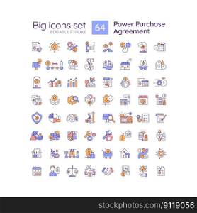 Power purchase agreement RGB color icons set. Alternative energy generation. Electricity supply. Isolated vector illustrations. Simple filled line drawings collection. Editable stroke. Power purchase agreement RGB color icons set