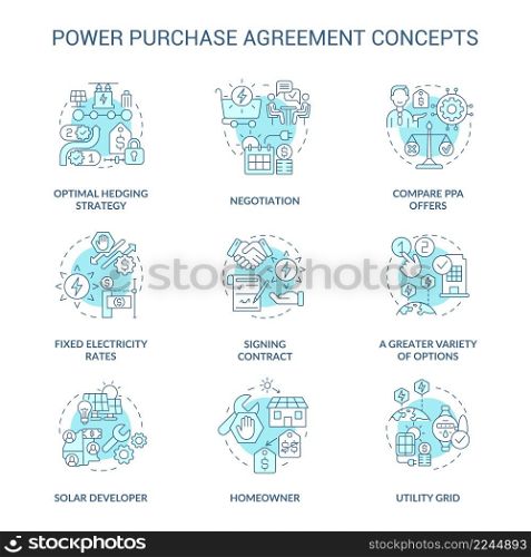 Power purchase agreement turquoise concept icons set. Electrical energy selling. Business relationship idea thin line color illustrations. Isolated symbols. Roboto-Medium, Myriad Pro-Bold fonts used. Power purchase agreement turquoise concept icons set