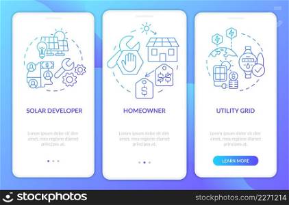 Power purchase agreements blue gradient onboarding mobile app screen. PPA walkthrough 3 steps graphic instructions pages with linear concepts. UI, UX, GUI template. Myriad Pro-Bold, Regular fonts used. Power purchase agreements blue gradient onboarding mobile app screen