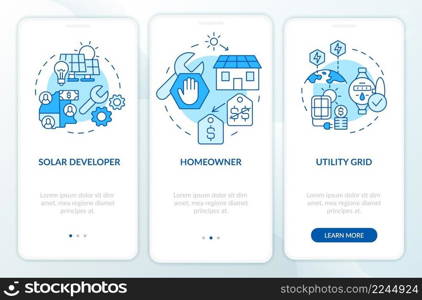 Power purchase agreements provide blue onboarding mobile app screen. PPA walkthrough 3 steps graphic instructions pages with linear concepts. UI, UX, GUI template. Myriad Pro-Bold, Regular fonts used. Power purchase agreements provide blue onboarding mobile app screen