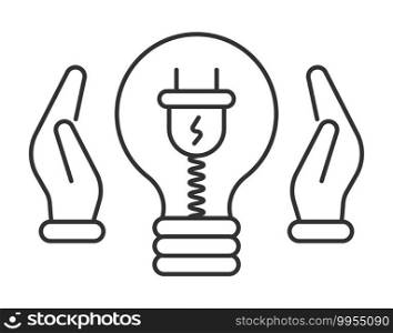 Power saving icon vector. L&and socket, wire inside bulb. Hands save energy. Economy of light.. Power saving icon vector. L&and socket, wire inside bulb. Hands save energy. .