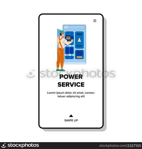 Power Service Worker Fix Electrical Cabinet Vector. Power Service Engineer Checking And Fixing Voltage And Electric Cables. Character Man Maintenance Connection Web Flat Cartoon Illustration. Power Service Worker Fix Electrical Cabinet Vector