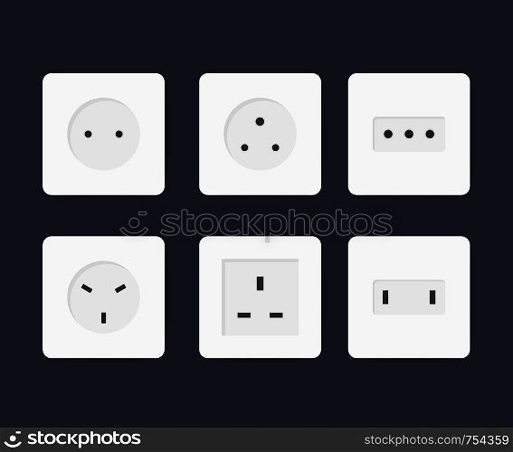 Power socket icon set. World standards for different country plugs. Vector stock illustration.