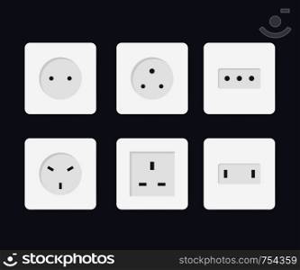 Power socket icon set. World standards for different country plugs. Vector stock illustration.