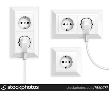 Power socket realistic set with isolated images of wall mounted power outlets with electric plugs vector illustration