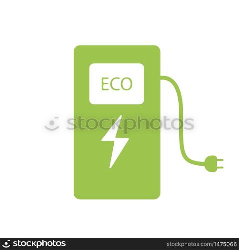 Power station for vehicles. Green car charger icon. Green Vector illustration of a hybrid car battery charging. The charging point of electric cars. Stock Photo.